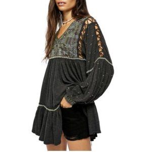 Free People Much Love Embroidered Tunic Top Black